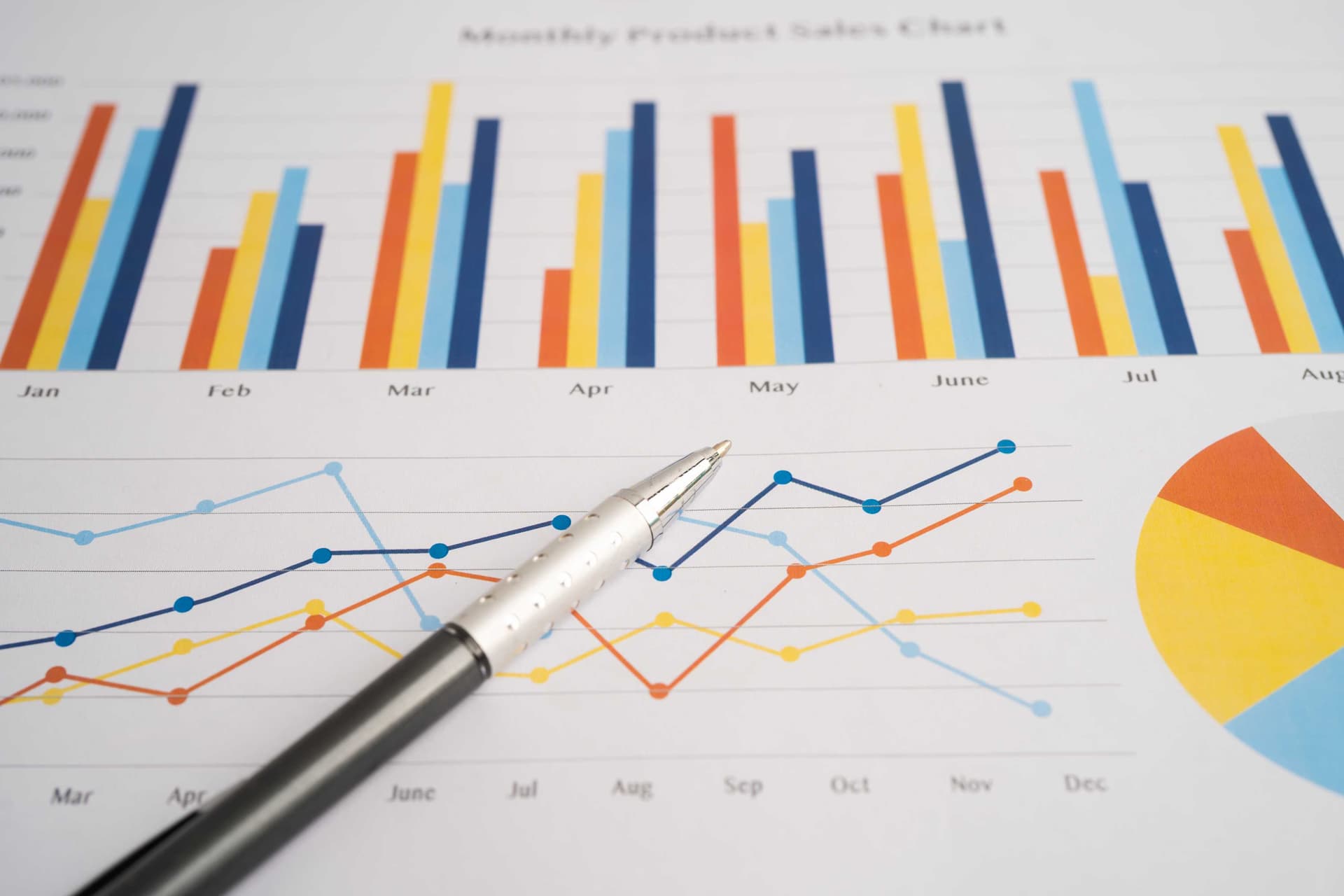Printed monthly sales chart with pen resting on growth trend lines, representing measurable business benefits of implementing Dynamics 365 Contact Center | Dynamics Monk.